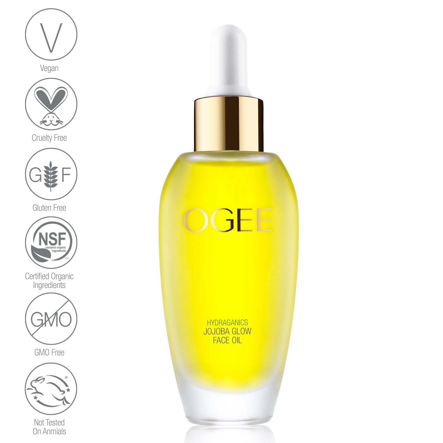 Ogee Jojoba glow face oil with vegan NSF certified organic cruelty free goo free leaping bunny gluten free certification images