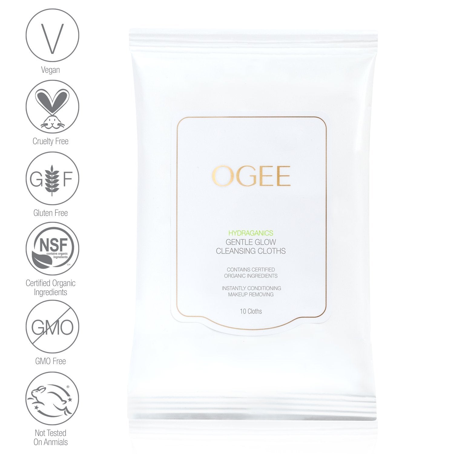 Ogee gentle glow cleansing cloths with vegan cruelty free gluten free certified organic and leaping bunny seals on the side