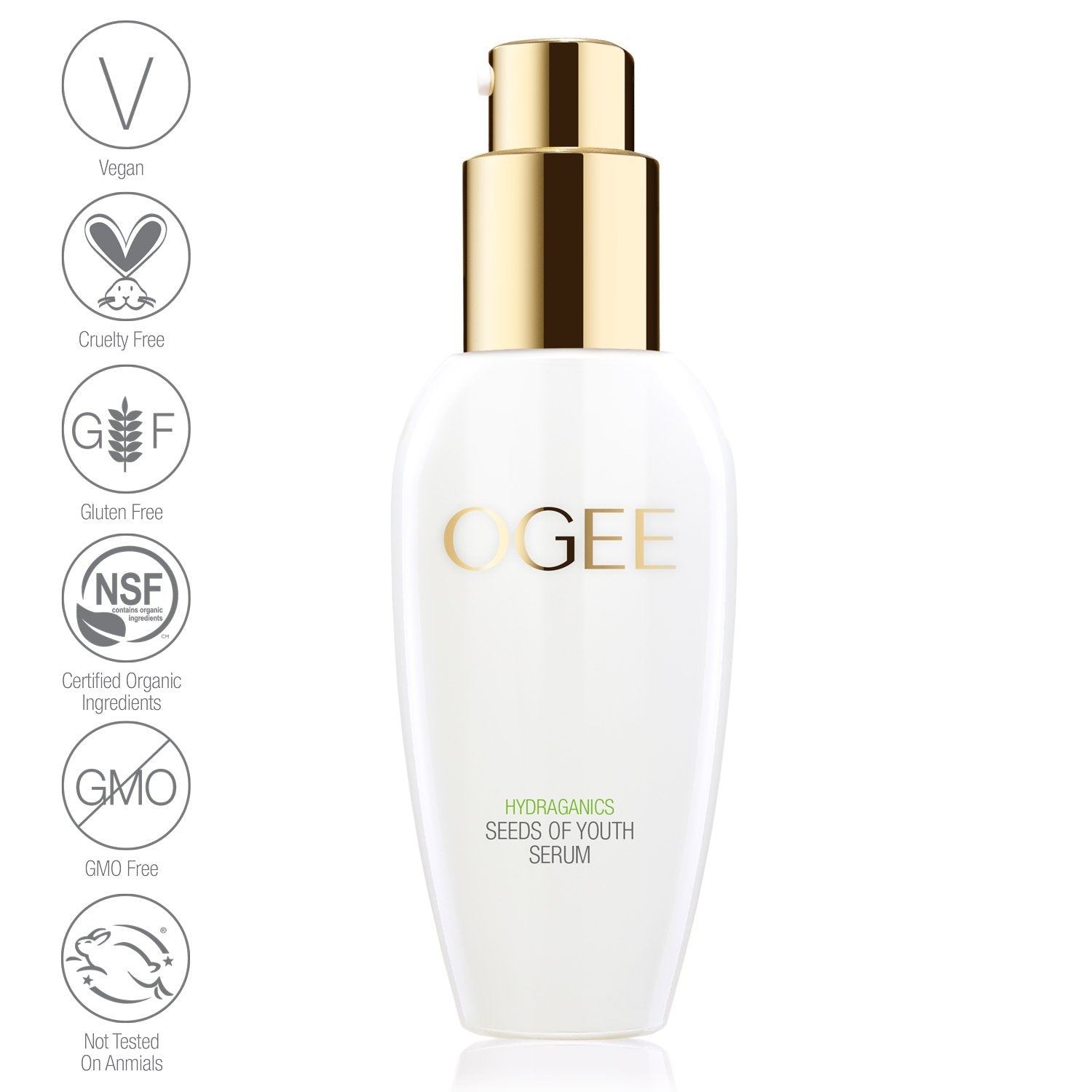 Ogee Seeds of youth serum in new white bottle with gold pump with vegan NSF certified organic cruelty free goo free leaping bunny gluten free certification seals