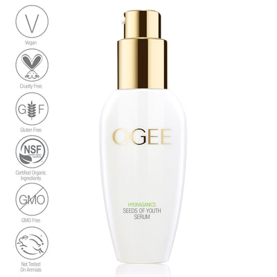 Ogee Seeds of youth serum in new white bottle with gold pump with vegan NSF certified organic cruelty free goo free leaping bunny gluten free certification seals